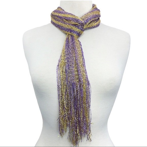 Purple Yellow Metallic Lightweight Long Fringe Scarf - Picture 2 of 3